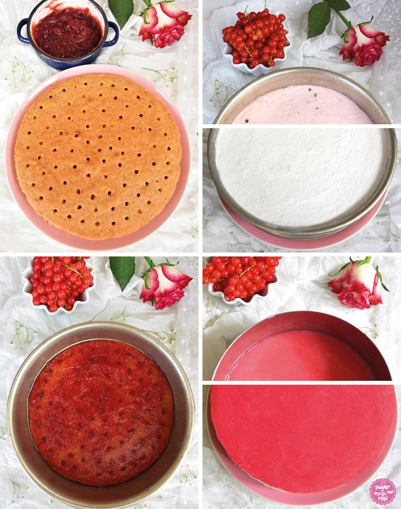 Zubereitungsfotos: brauner Nussboden mit eingestochenen Löchern, darunter Nussboden mit Ribiselgelee, daneben die beiden Cremeschichten in rosa und in weiß, dann der extra zubereitete Fruchtspiegel und dieser dann auf der Torte
