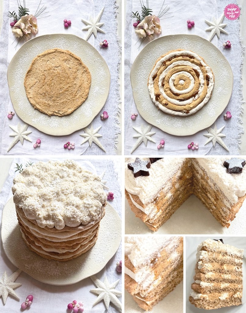 Zubereitungsschritte der Wintertorte mit Dulce de Leche vom einzelnen Nussboden, dann mit weißer und karamelliger Creme kreisförmig bespritzt, zusammengesetzt und mit dicken Sahnetupfen obenauf bespritzt, daneben die angeschnittene Torte mit schachbrettartigen Cremetupfern