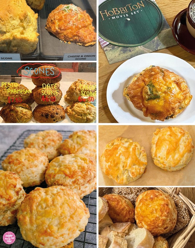 Diverse Bilder von Cheese Scones, teils aus Neuseeland (in einer Vitrine, mit einem Folder von Hobbiton), darunter selbst gebackene Käse-Scones mit Cheddar