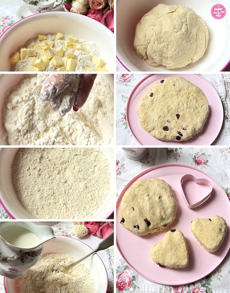 Zubereitungsschritte von Scones: eine Schüssel mit Mehl und Butterstücken, das Abbröseln der Butter mit den Fingern, die Beigabe von Buttermilch, der Teigling und ausgestochene Herzen