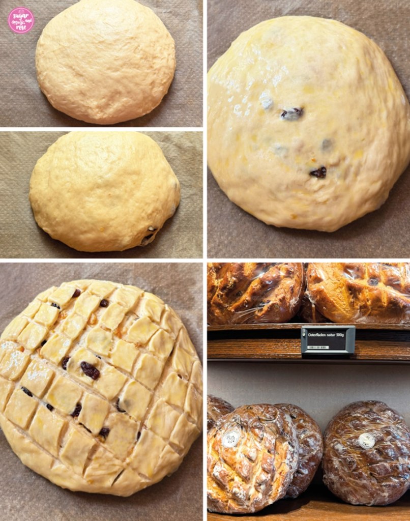 Zubereitungsstufen des Osterfladen-Teigs: eine Kugel Hefeteig, darunter eine ebensolche mit Rosinen im Teig, dann eine Flade mit Eiermilch bestrichen und eine mit gut sichtbaren rautenförmigen Einschnitten auf der Oberfläche, daneben fertige Osterfladen in Cellophan verpackt im Regal