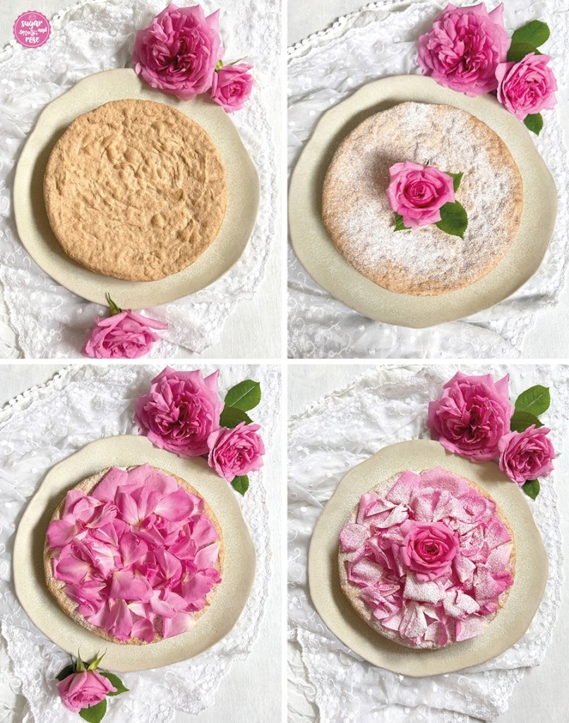 Vier Dekorationsschritte der runden Mandeltarte auf rohweißem Steingutteller: einmal undeckoriert von oben, einmal mit einer rosa Rosenblüte in der Mitte, einmal mit aufgestreuten rosa Rosenpetalen, einmal mit Petalen und Rosenblütenkopf, zudem mit Puderzucker